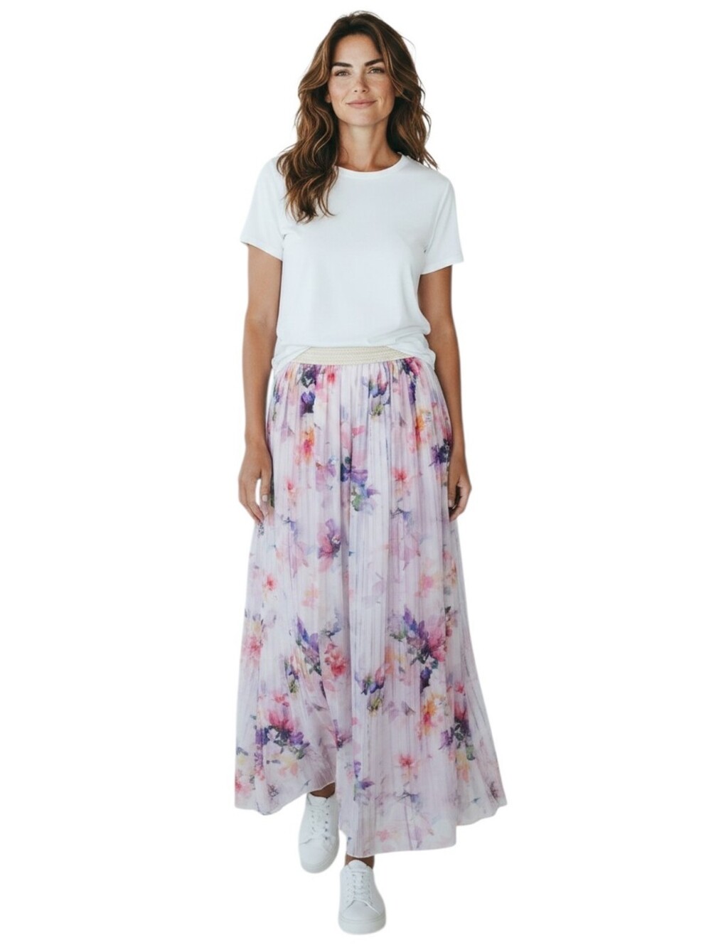 Tahari Farah Floral Print Stretchy Crochet Waist Maxi Skirt